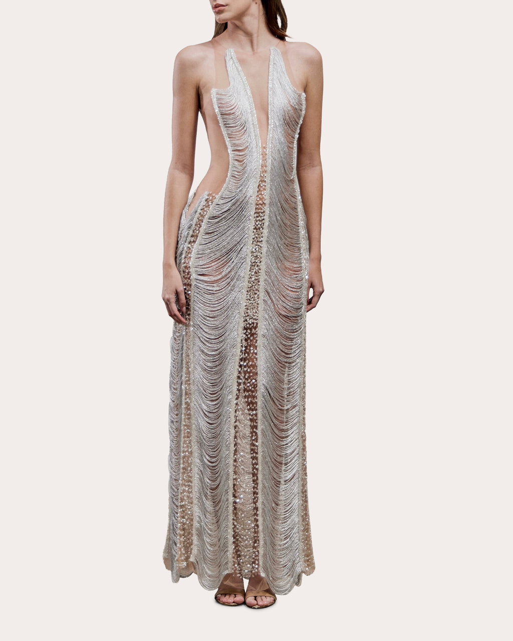 Zira Illusion Tulle Embellished Fringe Gown