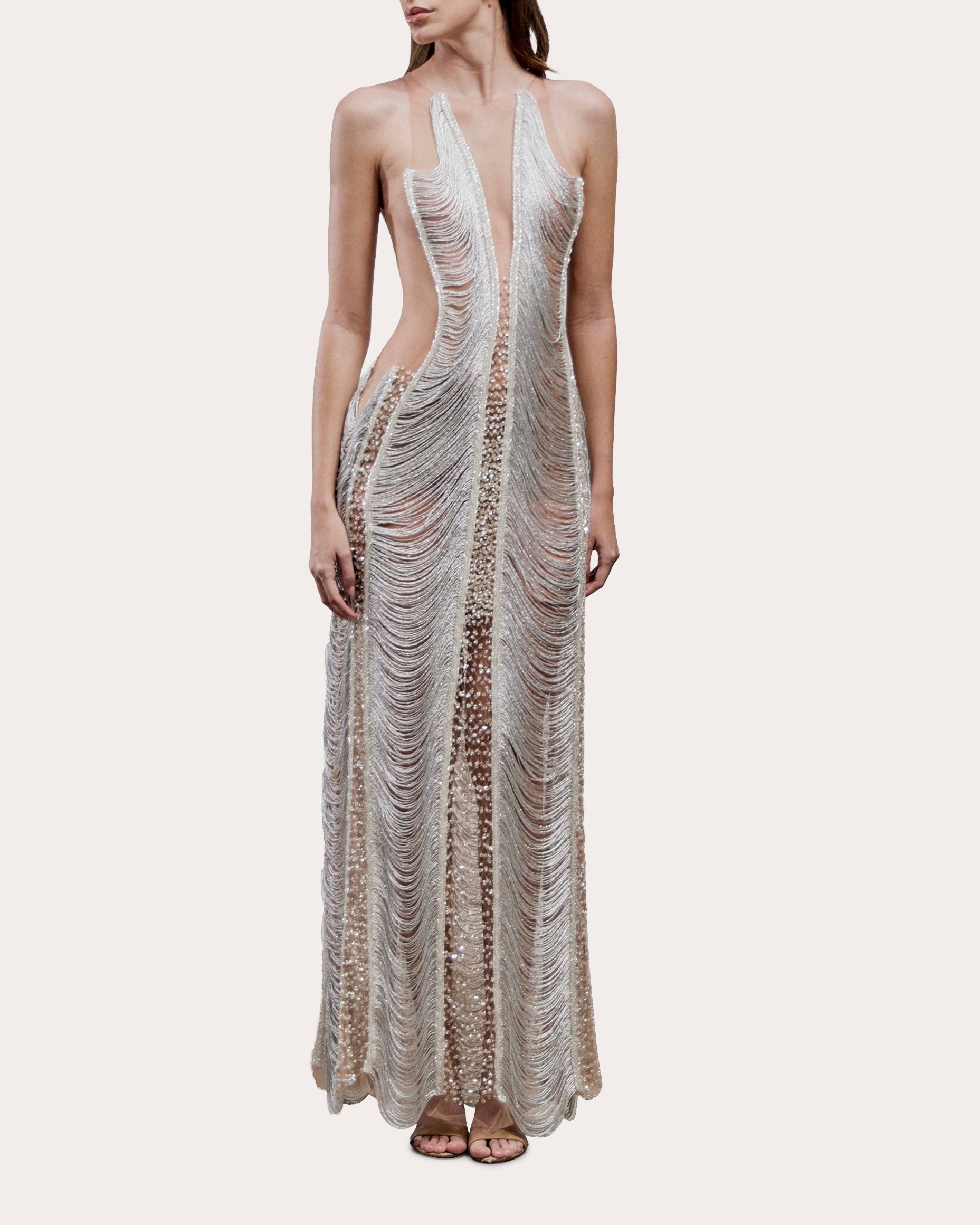 Zira Illusion Tulle Embellished Fringe Gown