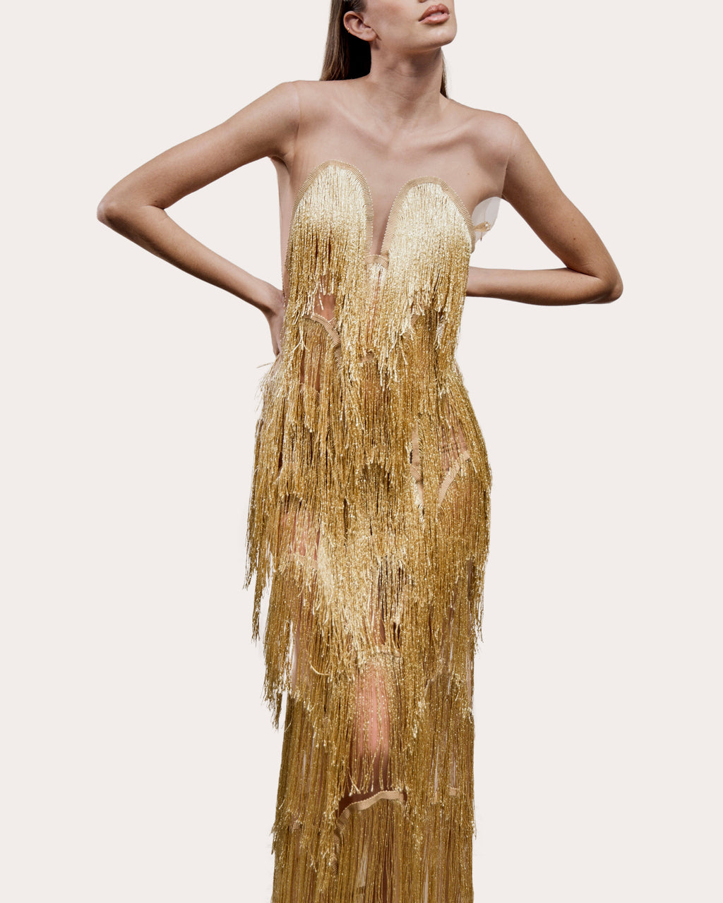 Niva Illusion Tulle Draped Fringe Strapless Gown