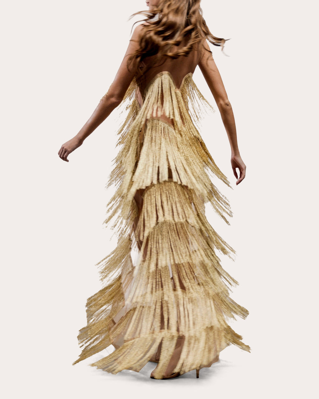 Niva Illusion Tulle Draped Fringe Strapless Gown
