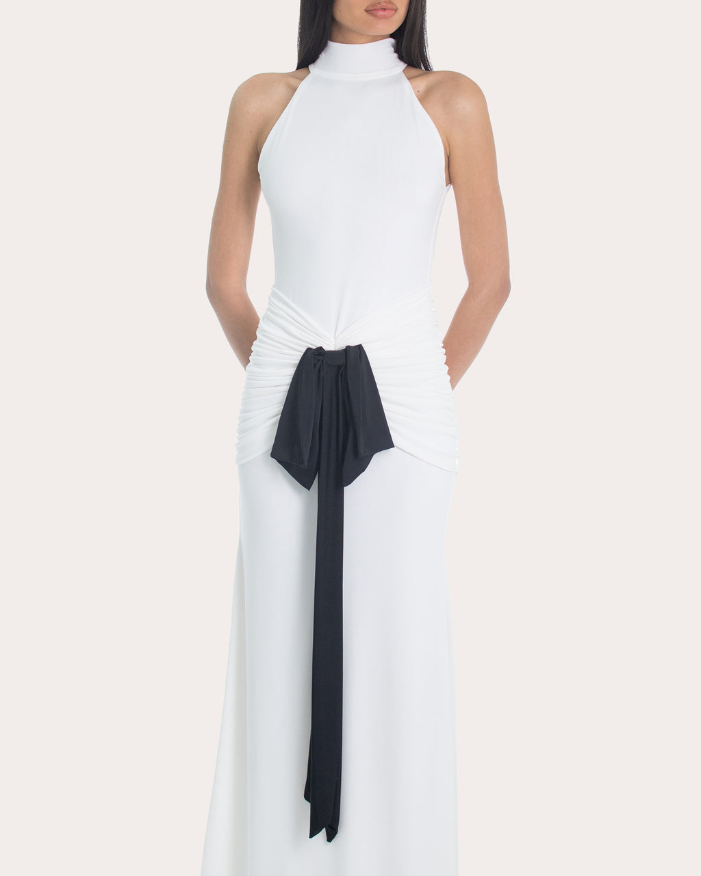 Sael Gathered Bow Mock Neck Gown