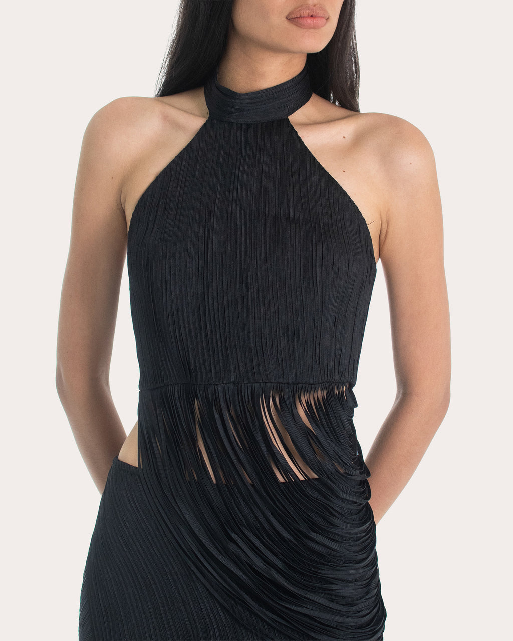 Elo Draped Silk Fringe Halter Top