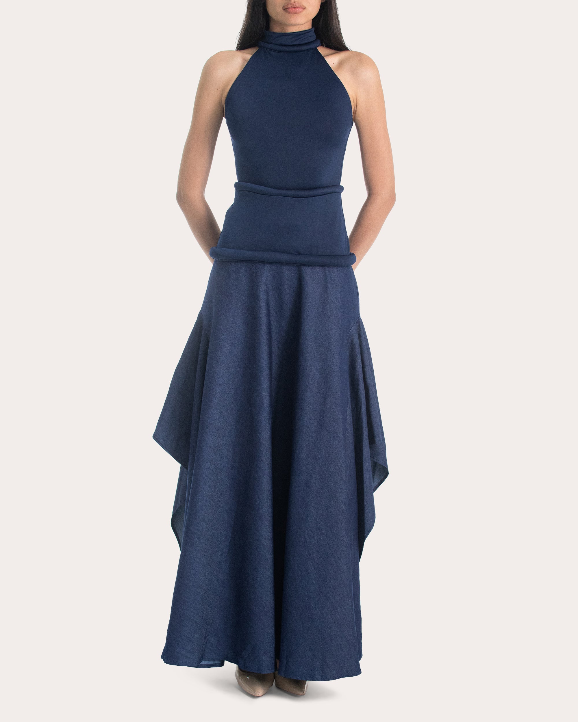 Carmen Denim Draped Maxi Skirt