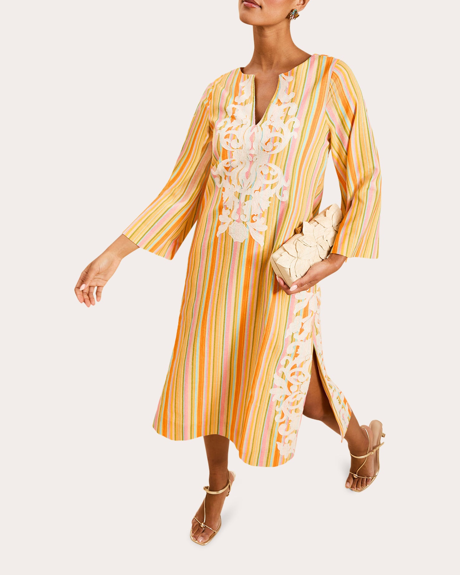 Ines Embroidered Stripe Kaftan Midi Dress