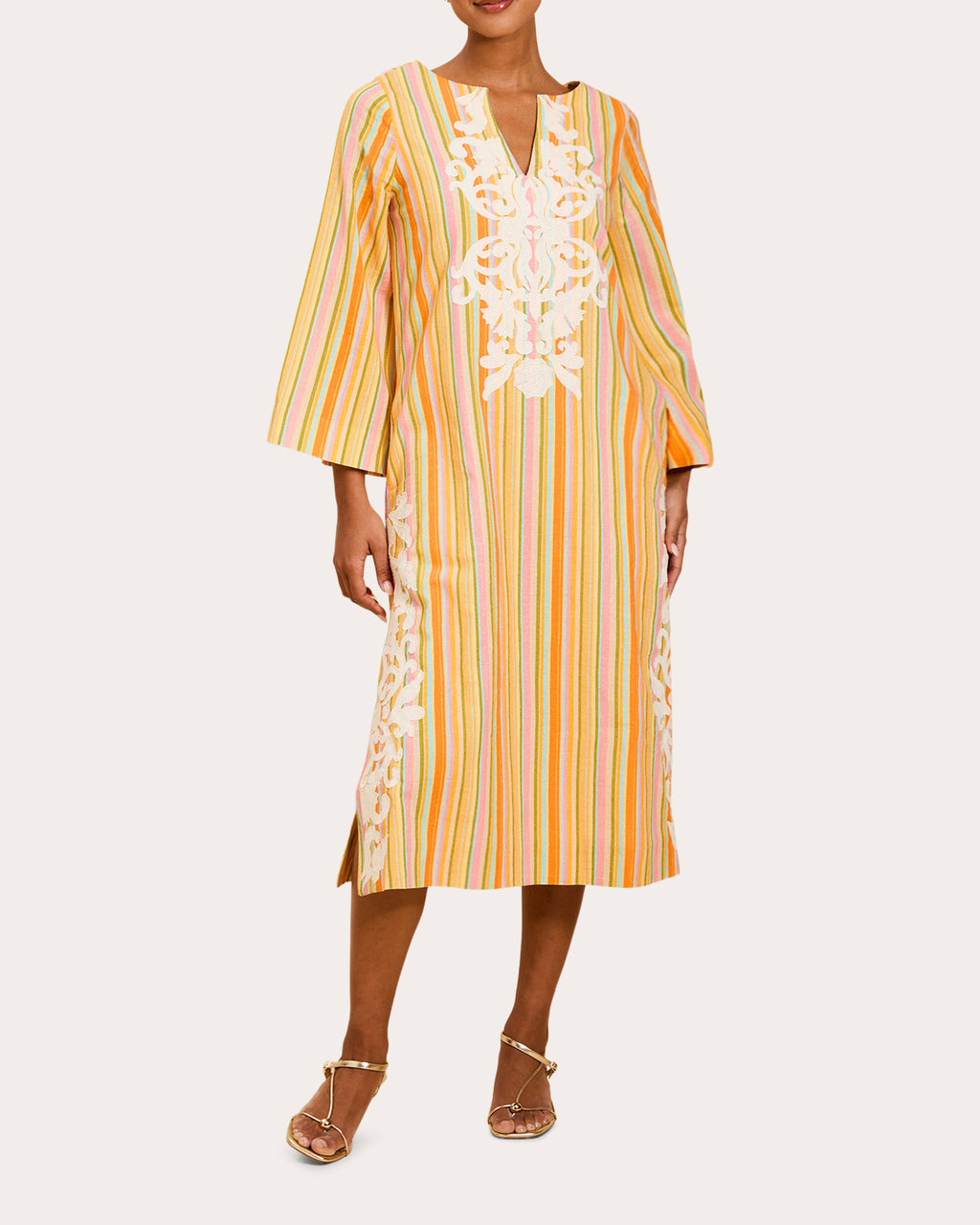Ines Embroidered Stripe Kaftan Midi Dress