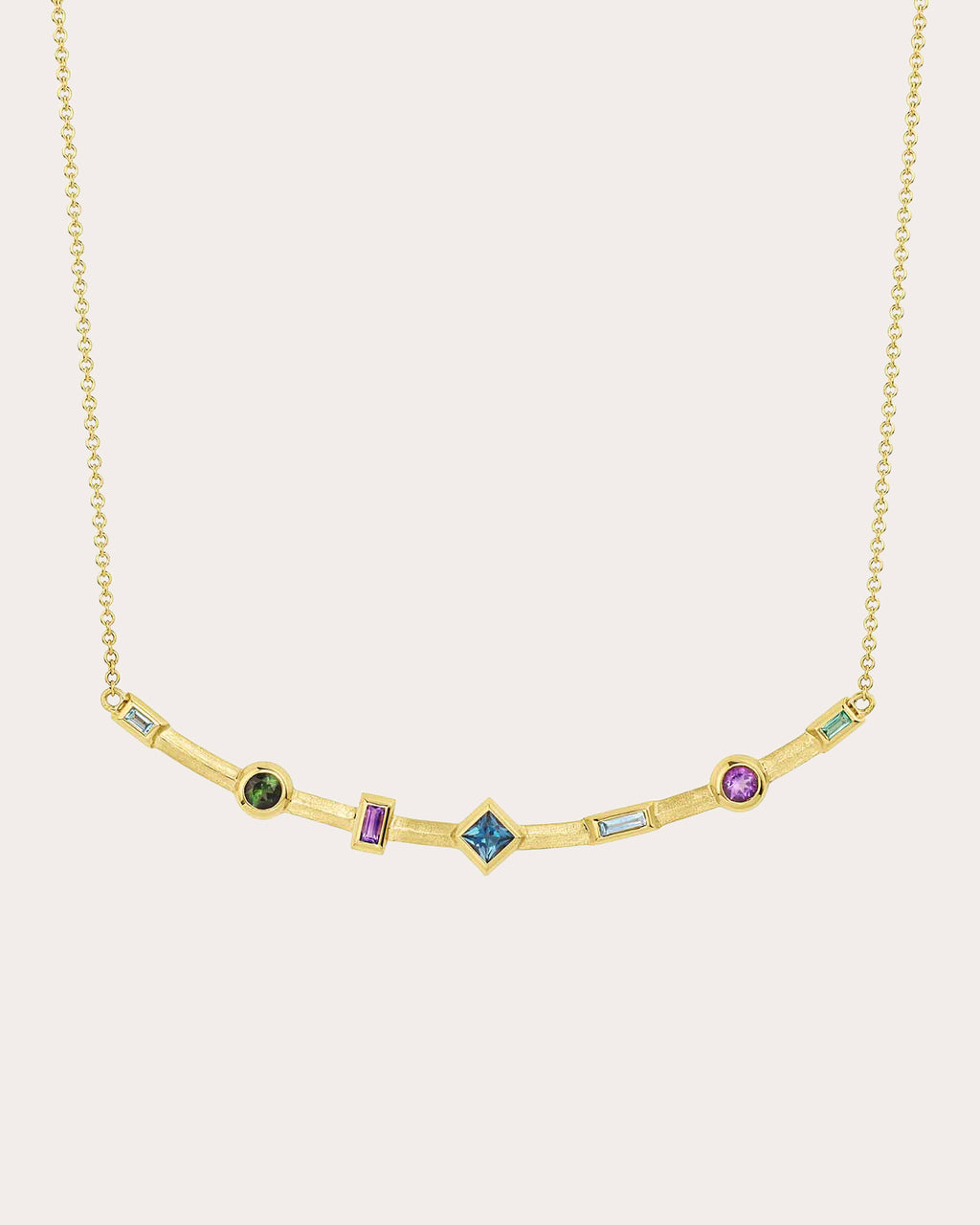 Blue Sapphire & Amethyst Curved Bar Pendant Necklace