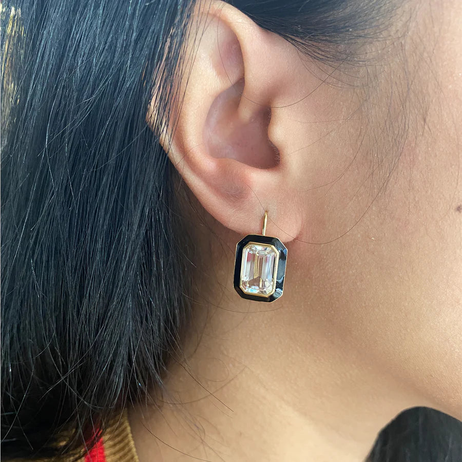 Crystal & Black Enamel Queen Drop Earrings