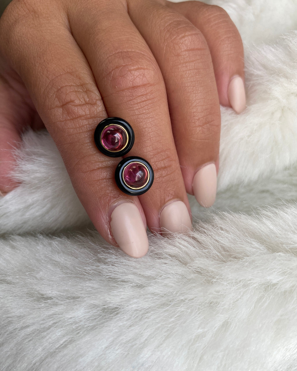 Garnet & Onyx 18k Gold Limited Edition Halo Stud Earrings