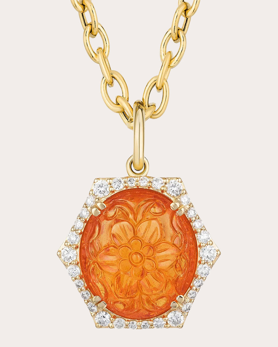 Carved Mandarin Garnet G-One Pendant Necklace