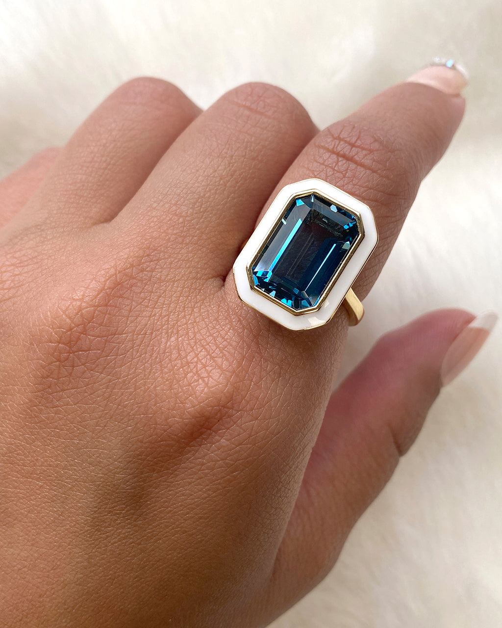 Blue Topaz & White Enamel Queen Ring