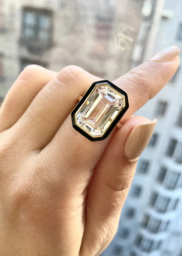 Crystal & Black Enamel 18k Gold Queen Ring