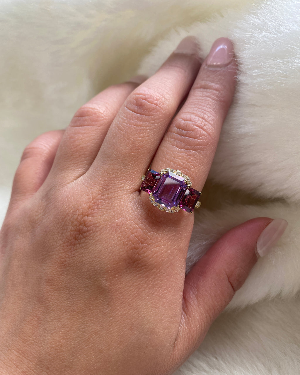 Amethyst & Garnet 18k Gold Gossip Ring
