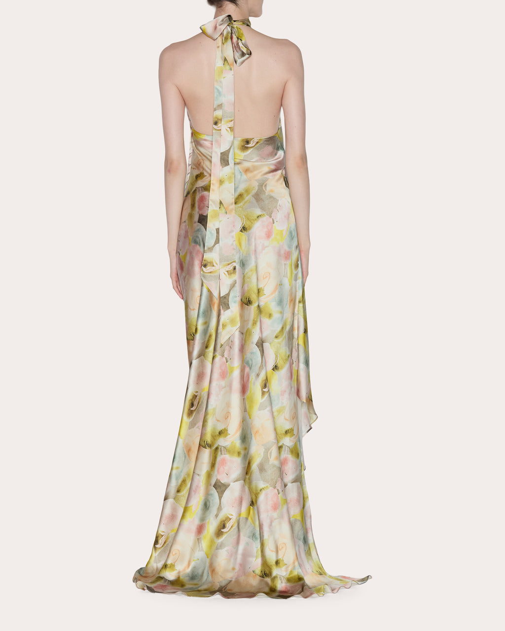 Ethereal Floral Silk Draped Halter Gown
