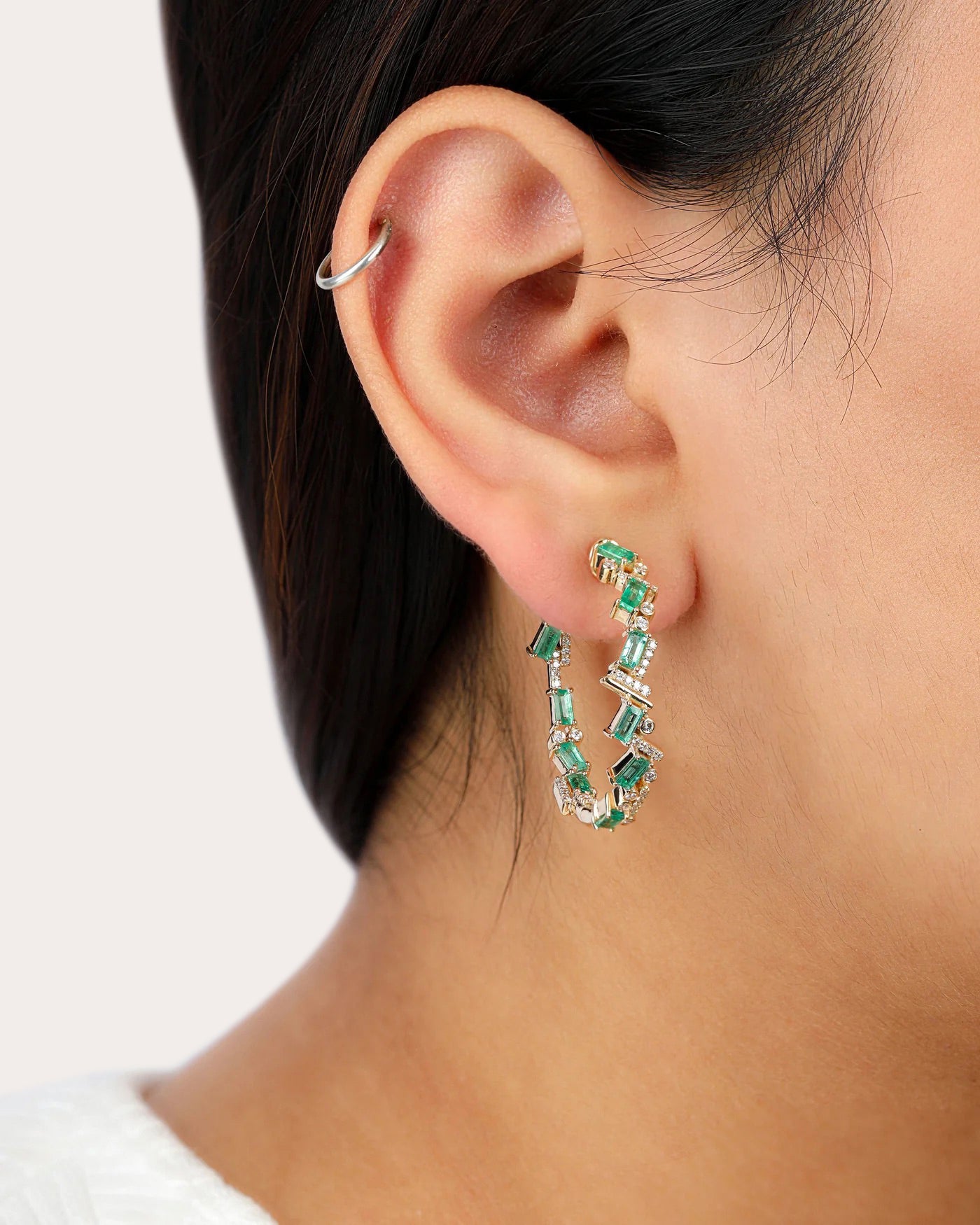 Emerald & Diamond 14k Gold Ethereal Hoop Earrings