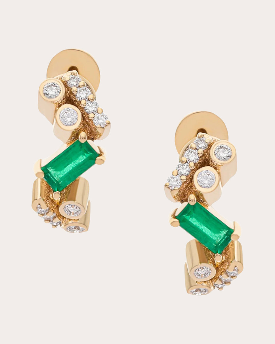 Emerald & Diamond Ethereal Nugget Huggie Earrings