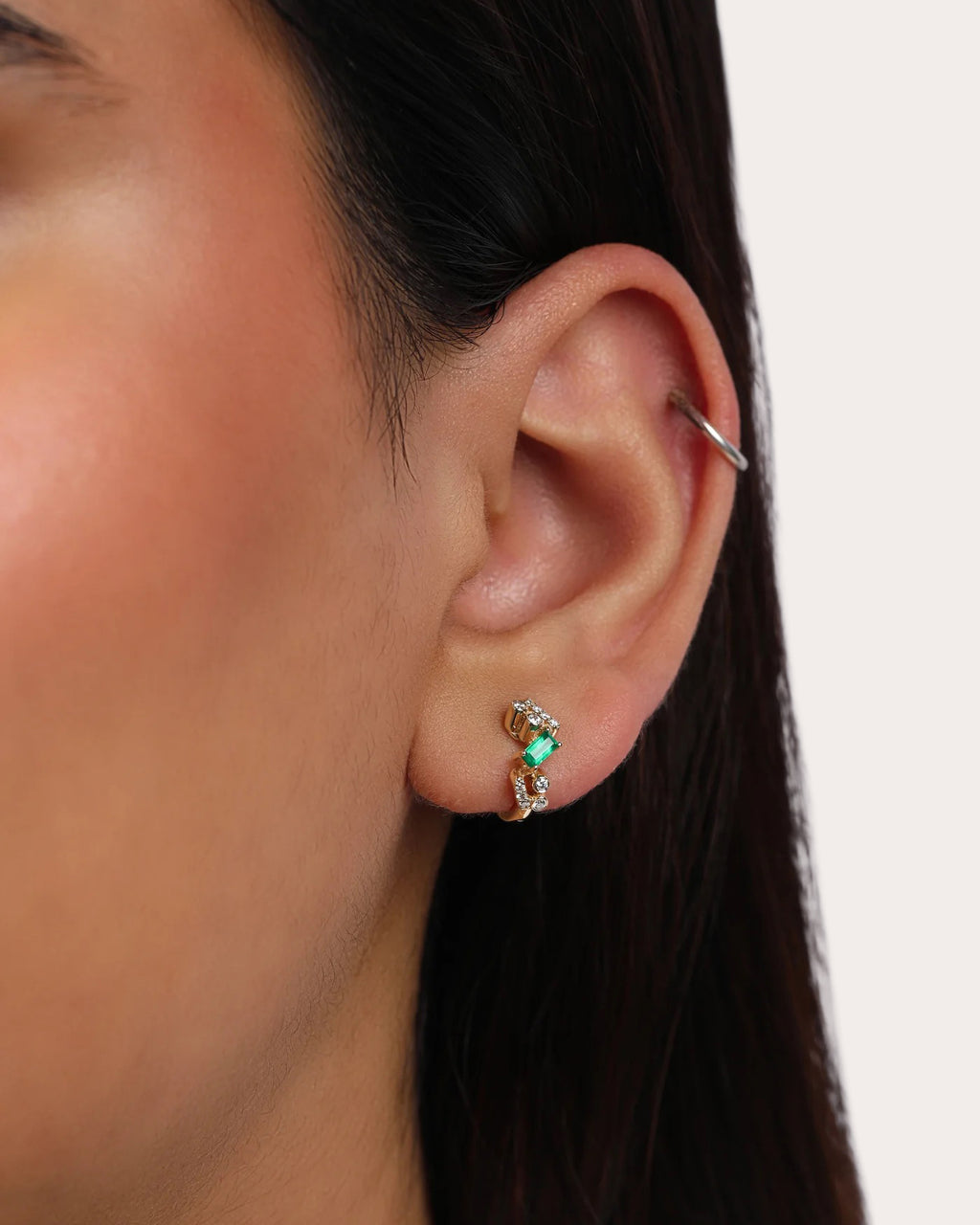 Emerald & Diamond Ethereal Nugget Huggie Earrings