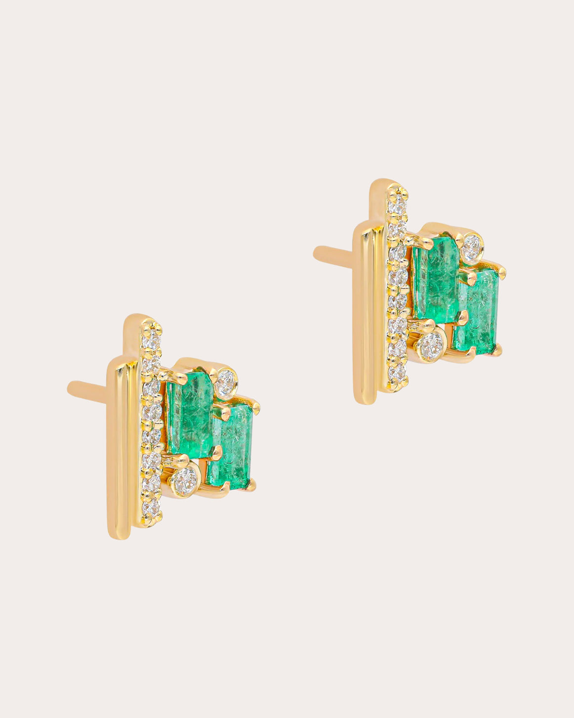 Diamond & Emerald 14k Gold Ethereal Stud Earrings