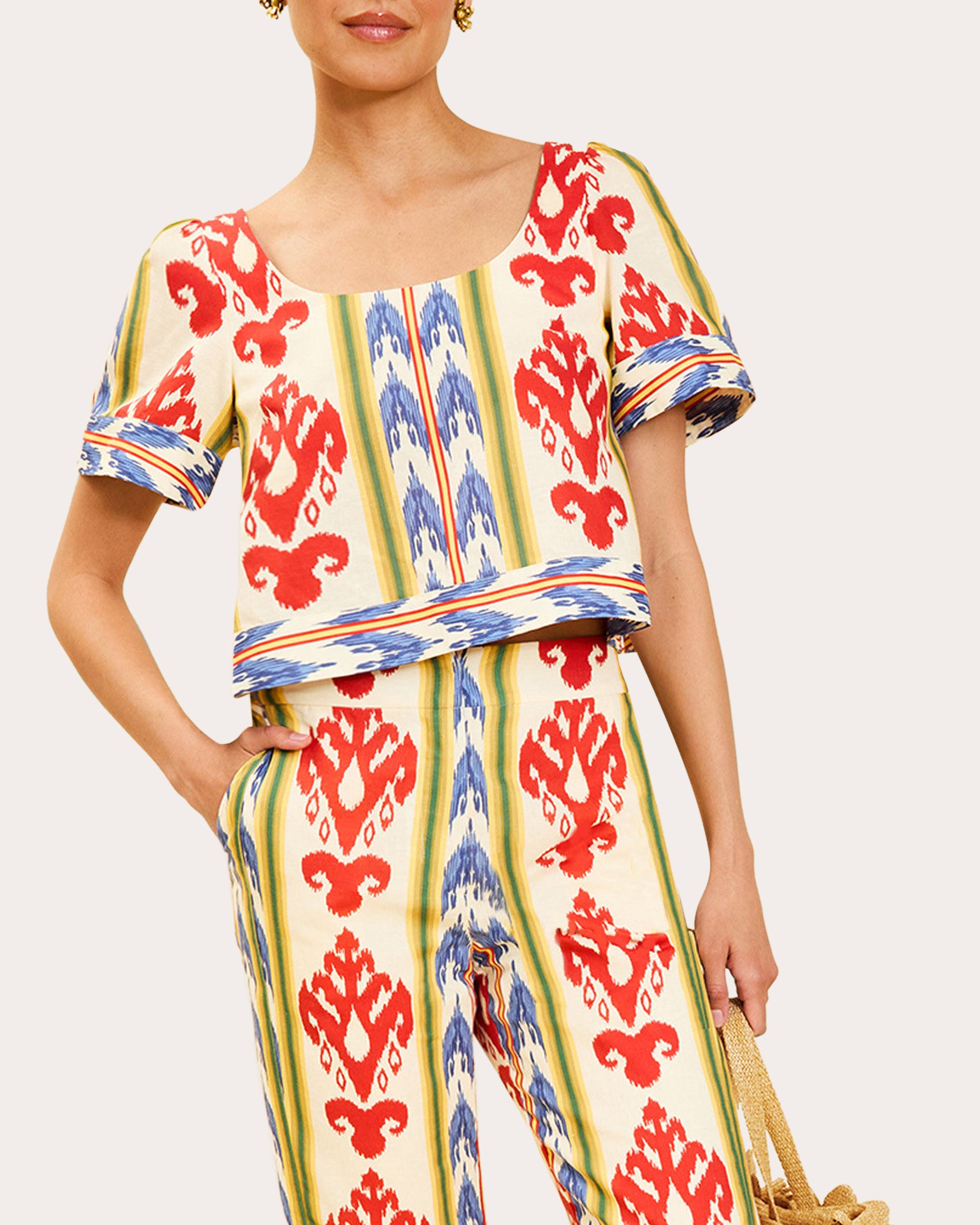 Maldives Ikat Puff-Sleeve Crop Top