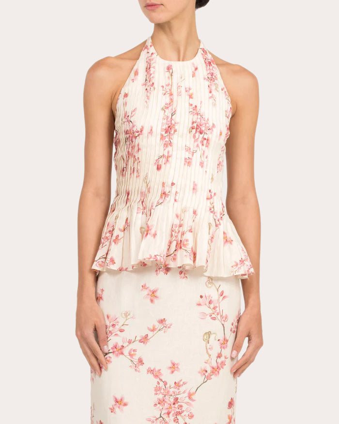 Caña Cauca Pleated Linen Halter Top