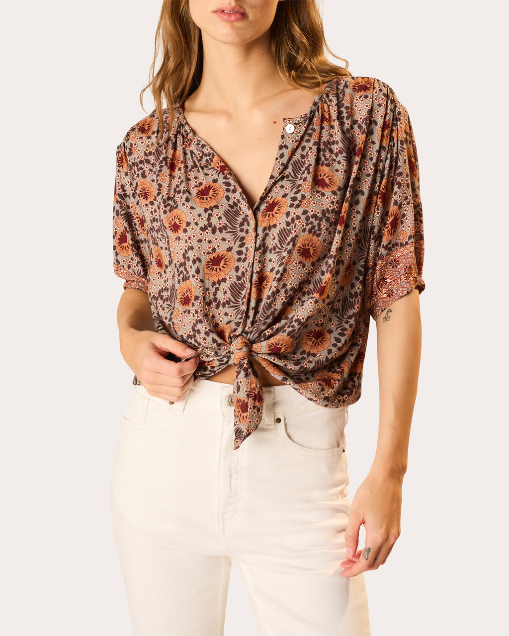 Violet Floral Gathered Button-Up Top