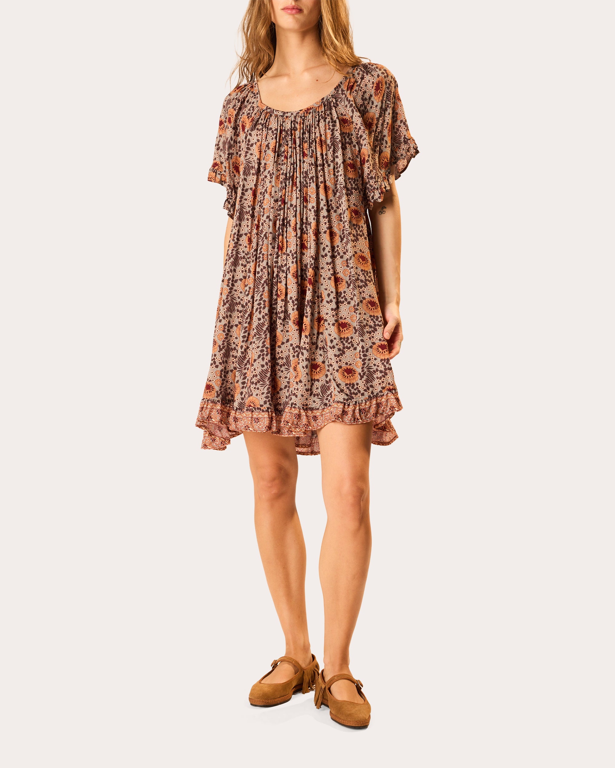 Marina Floral Gathered Ruffle Mini Dress