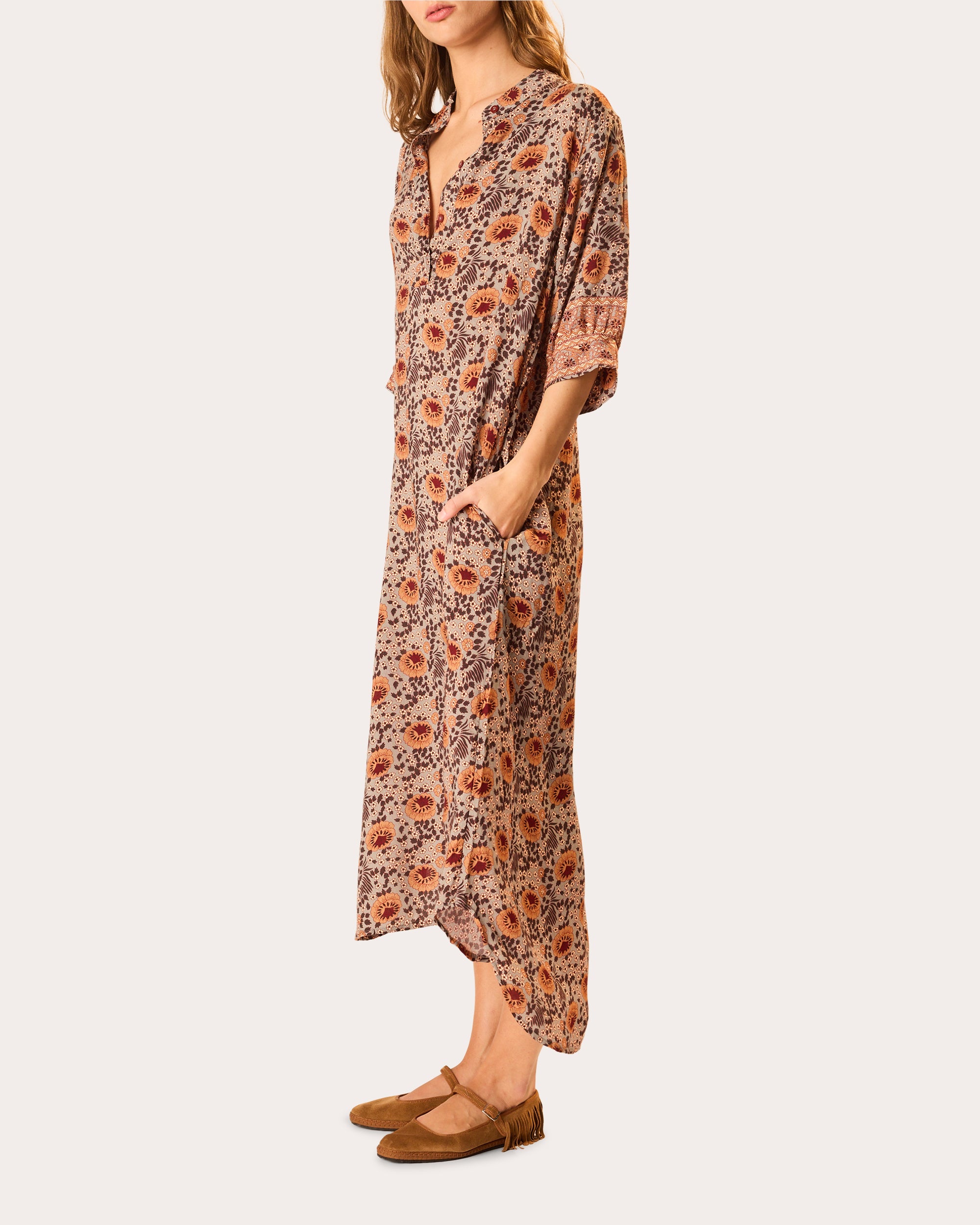 Lulu Floral Three-Quarter Sleeve Midi Dress
