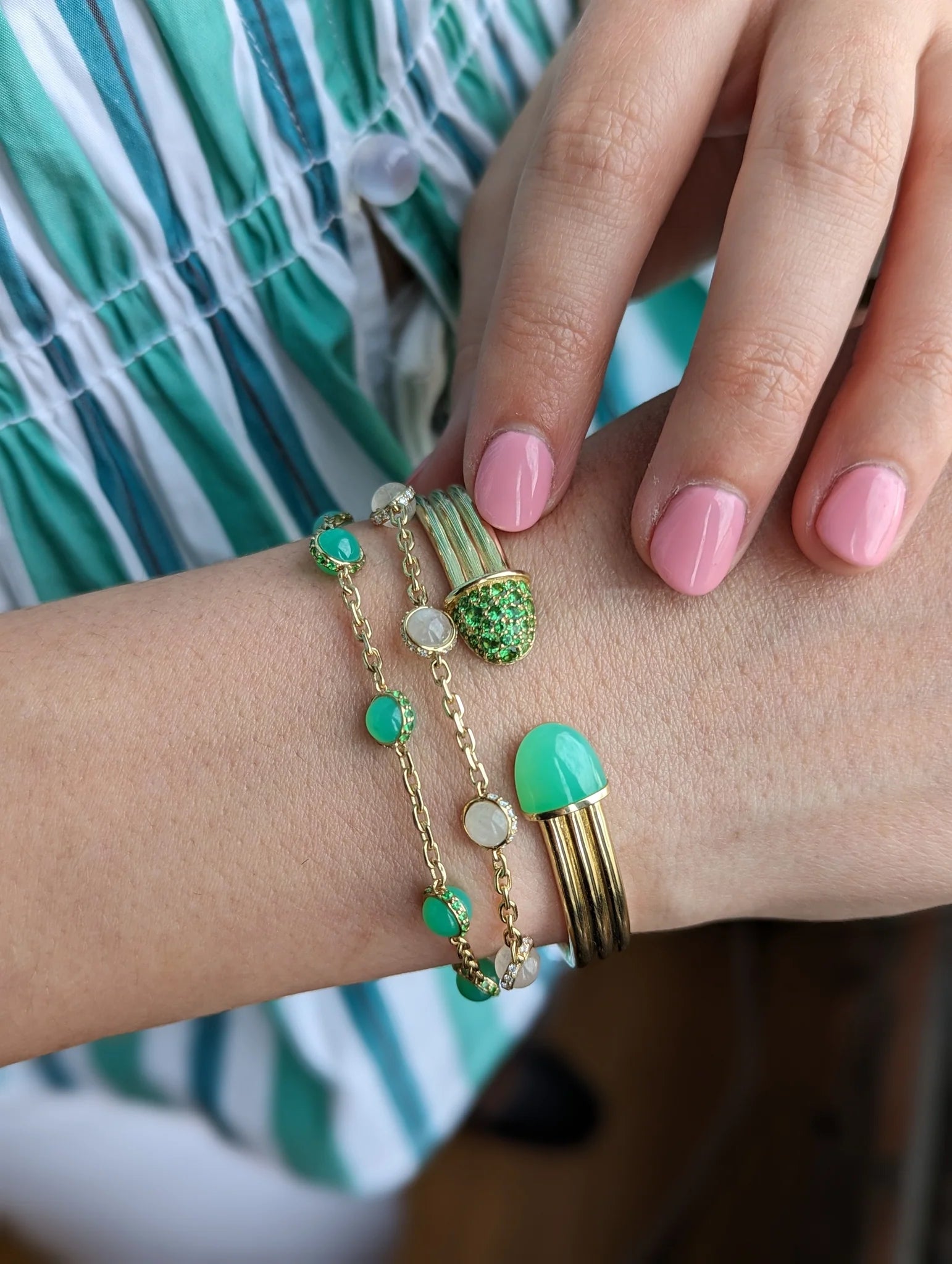 Chrysoprase & Tsavorite 14k Gold Found Cap Cuff