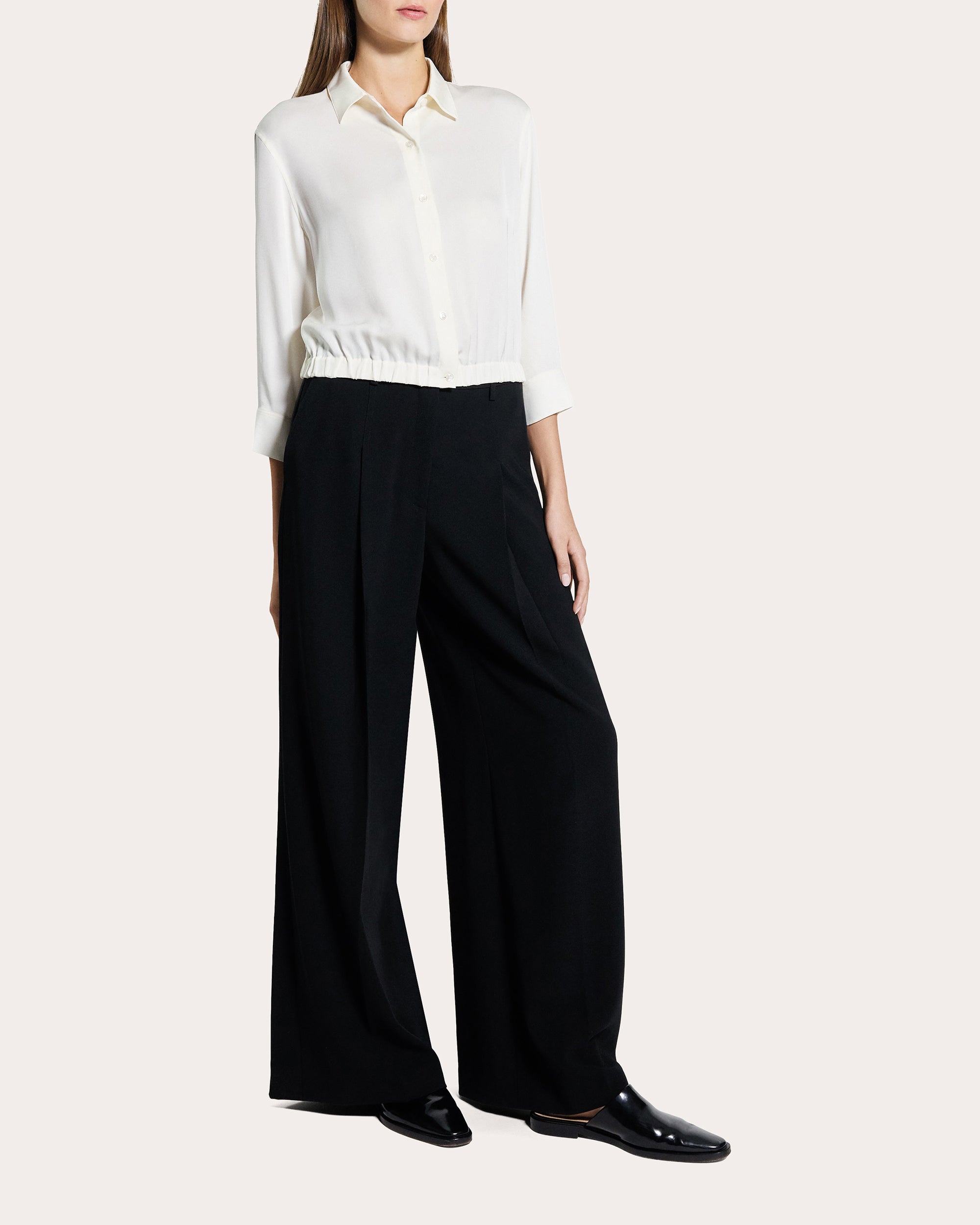 Silk Three-Quarter Sleeve Cinched Button-Up