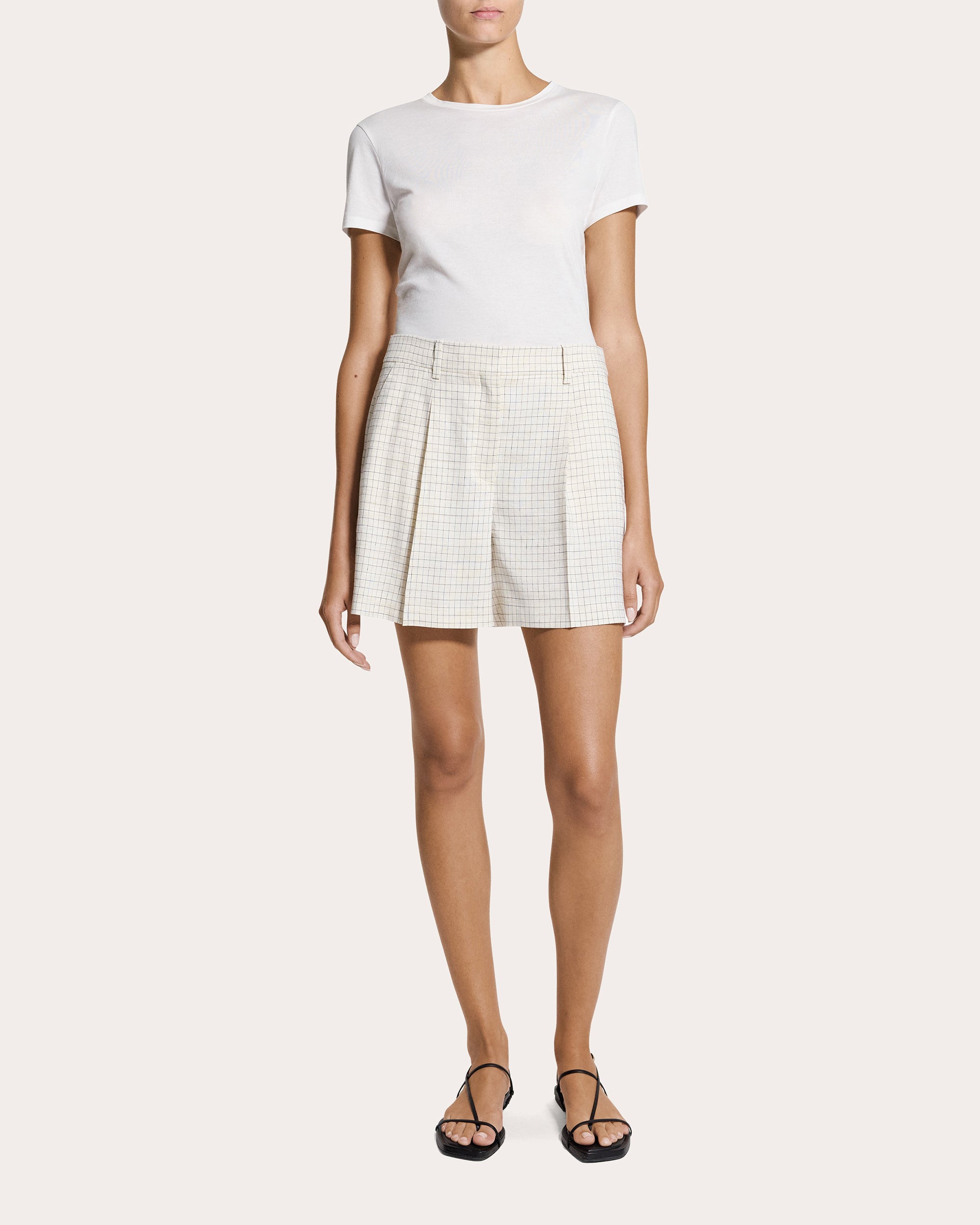 Check Linen-Blend Pleated Shorts