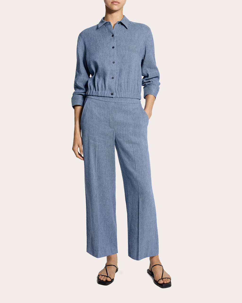 Fluid Linen Scrunched Crop Button-Up