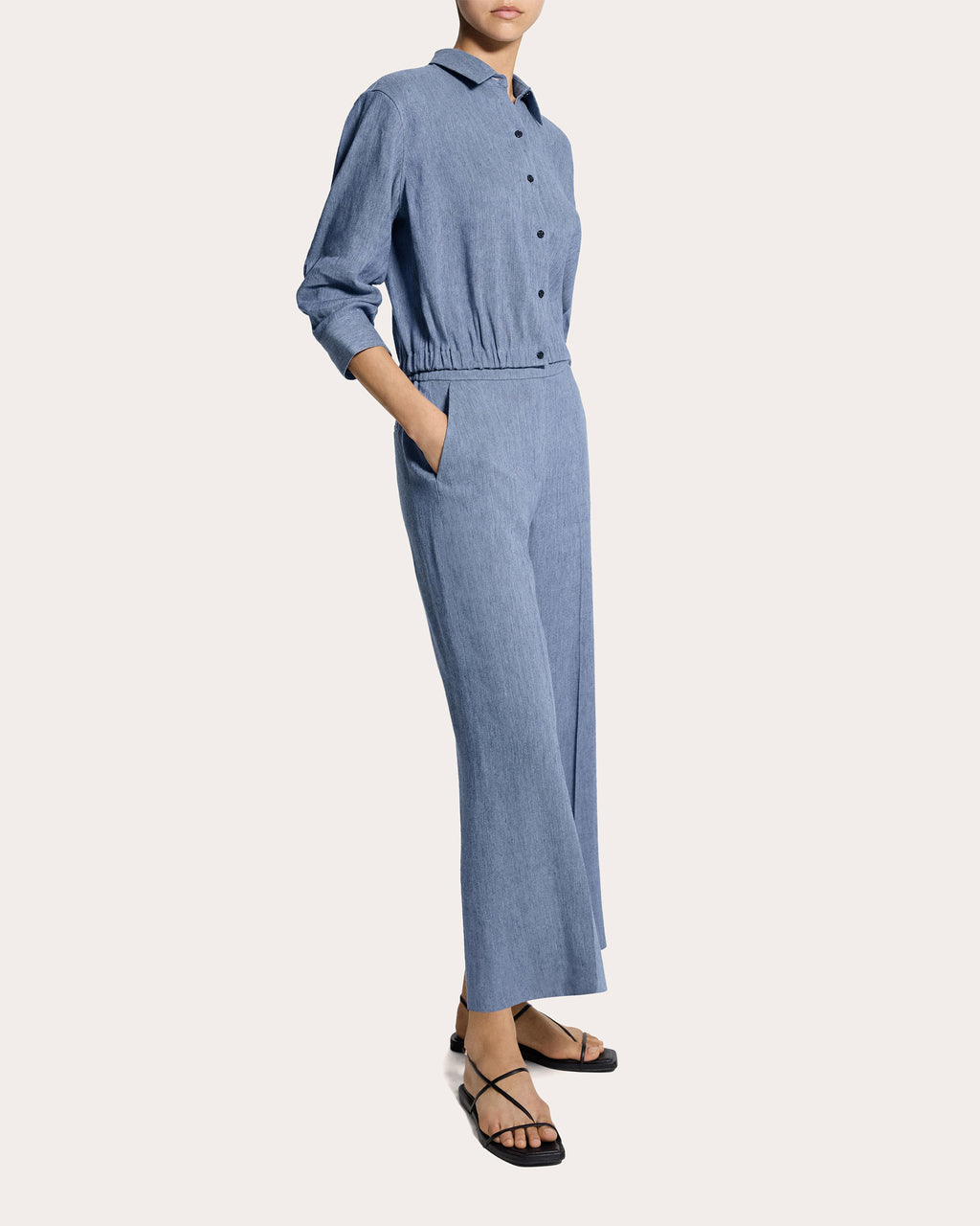Fluid Linen Scrunched Crop Button-Up