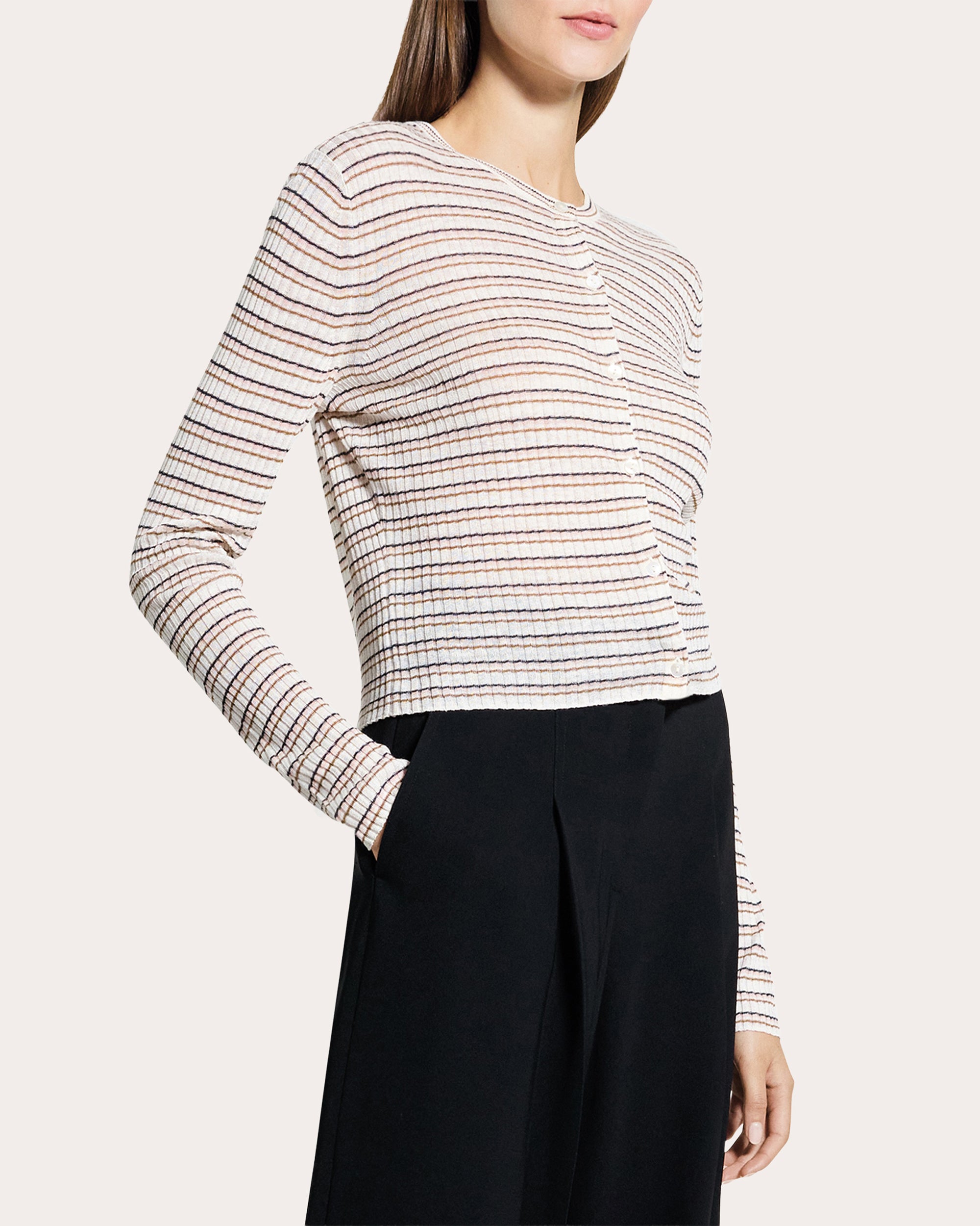 Stripe Linen Knit Cropped Cardigan