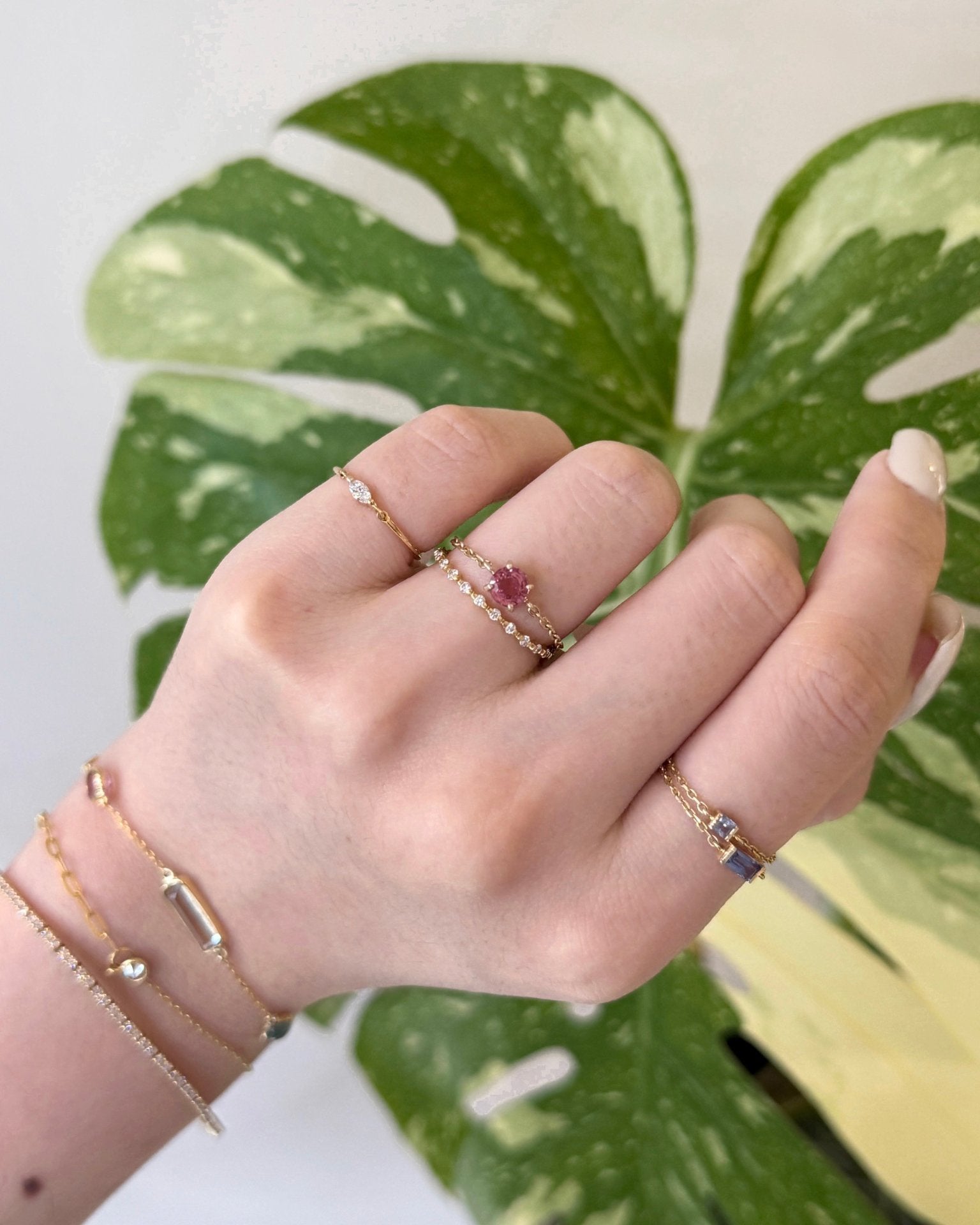 Raspberry Tourmaline & 14k Gold Chain Ring