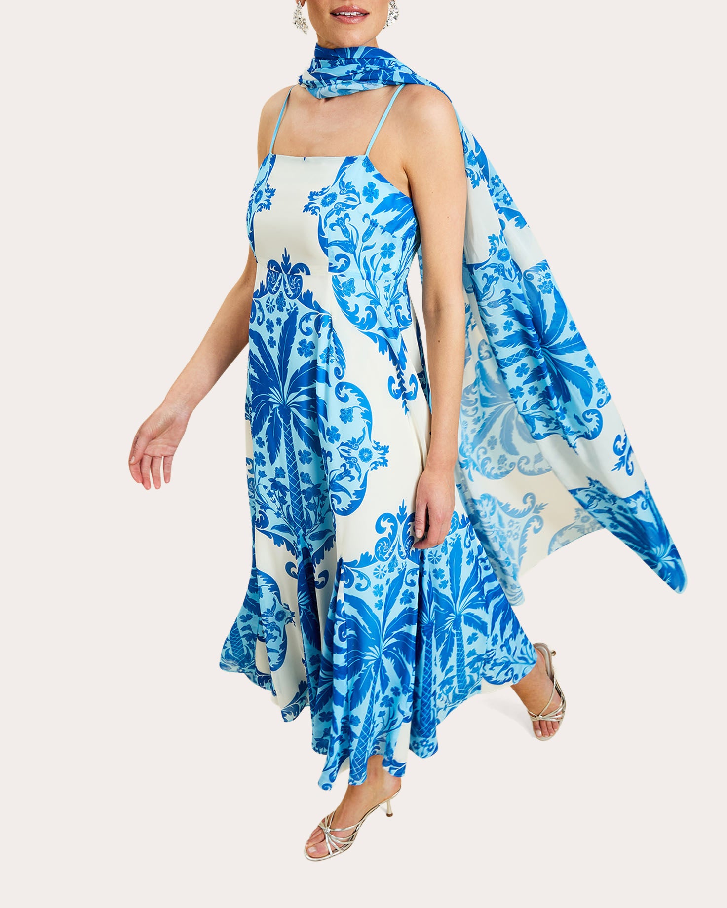 Reverie Printed Chiffon Godet Scarf Maxi Dress