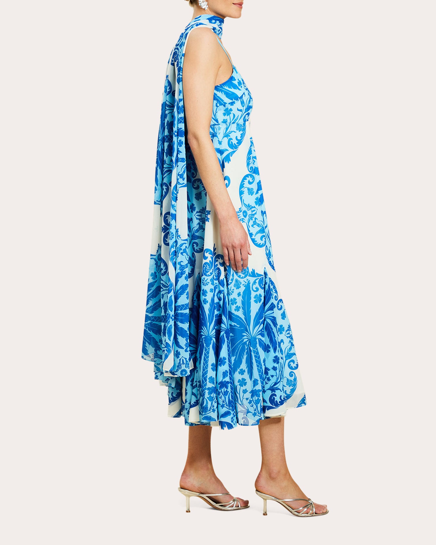 Reverie Printed Chiffon Godet Scarf Maxi Dress