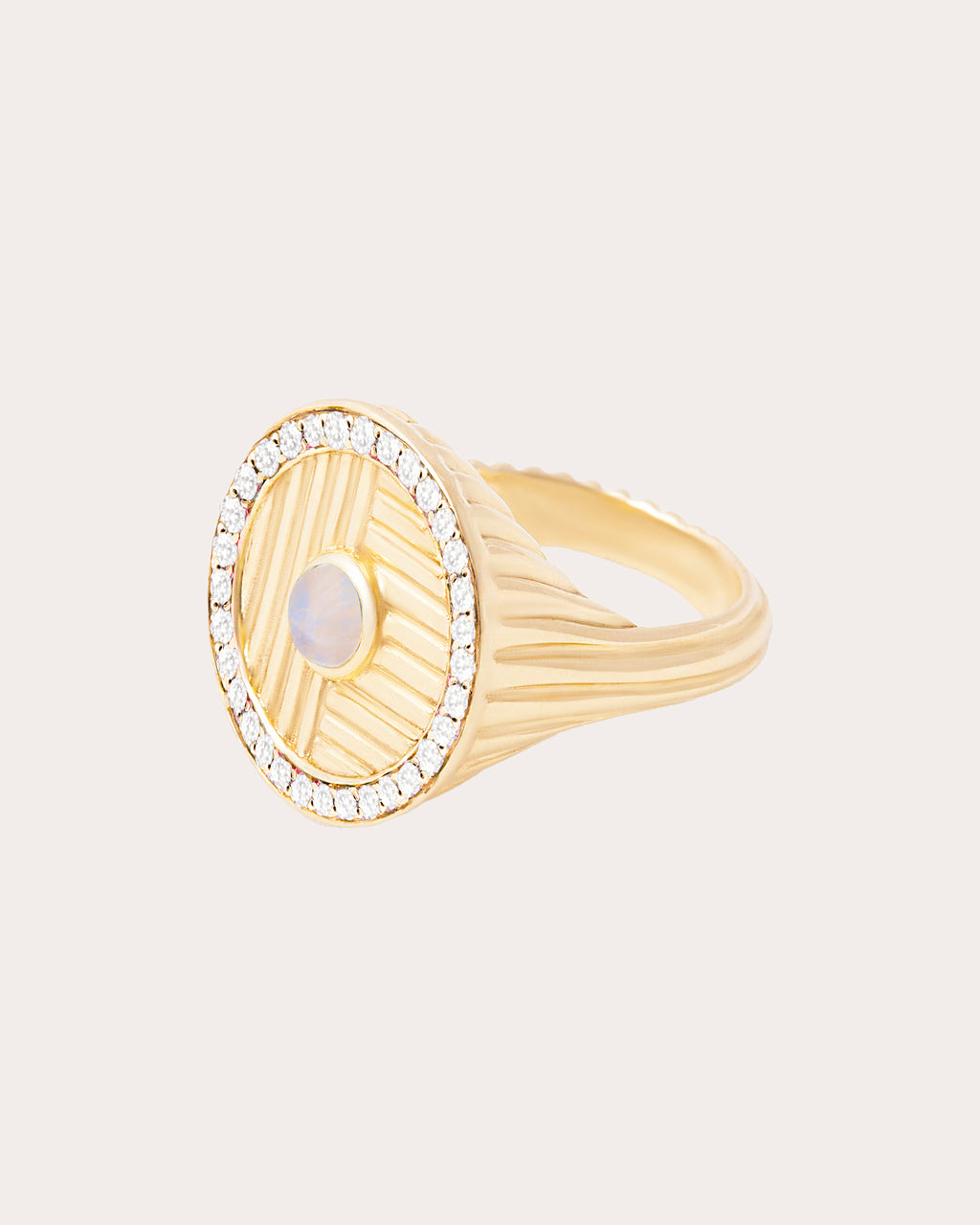 Diamond & Moonstone 14k Gold Found Ribbed Ring