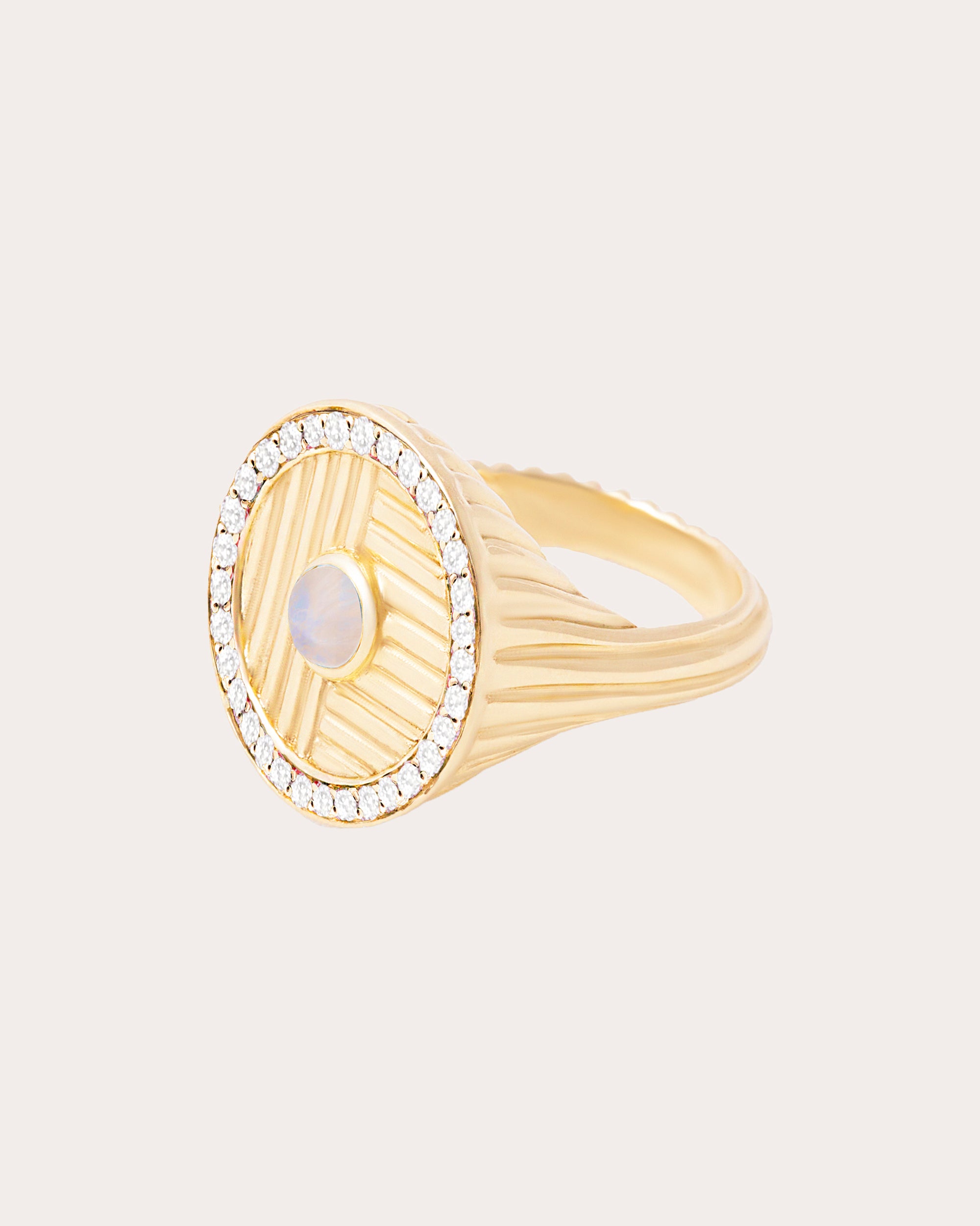 Diamond & Moonstone 14k Gold Found Ribbed Ring