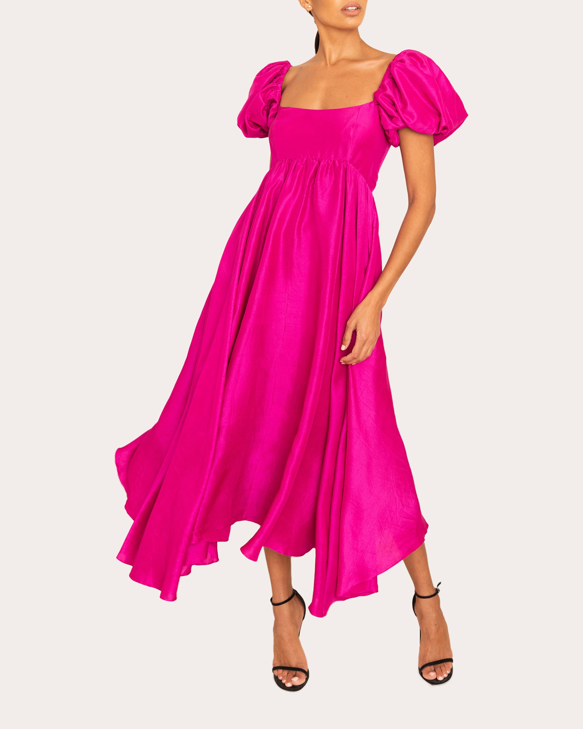 Rory Silk Puff-Sleeve Midi Dress