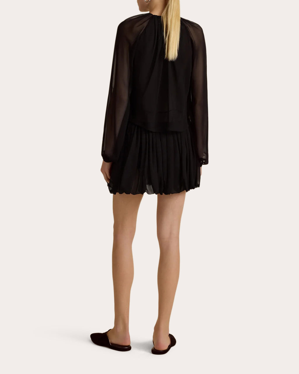 Silk Chiffon Gathered Long-Sleeve Blouse