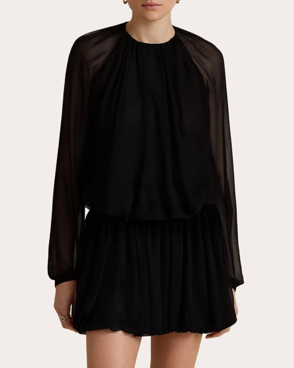 Silk Chiffon Gathered Long-Sleeve Blouse