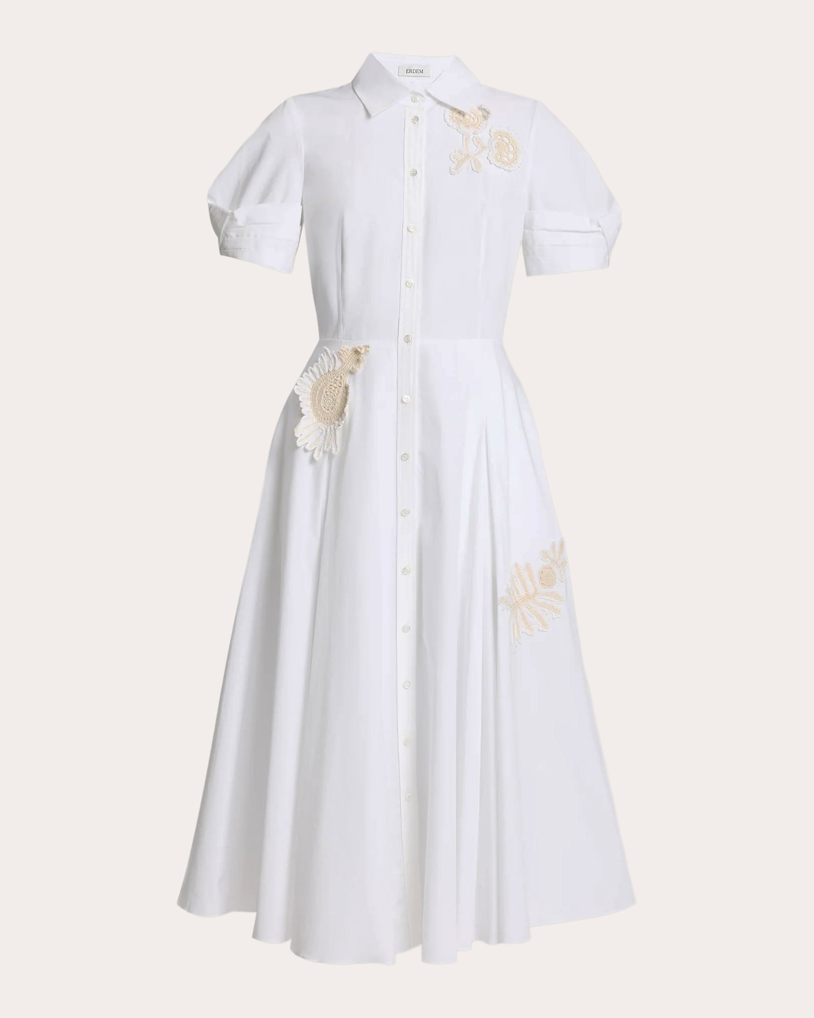 Floral Appliqué Cotton Midi Shirt Dress