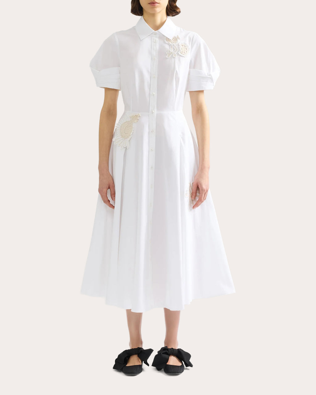 Floral Appliqué Cotton Midi Shirt Dress