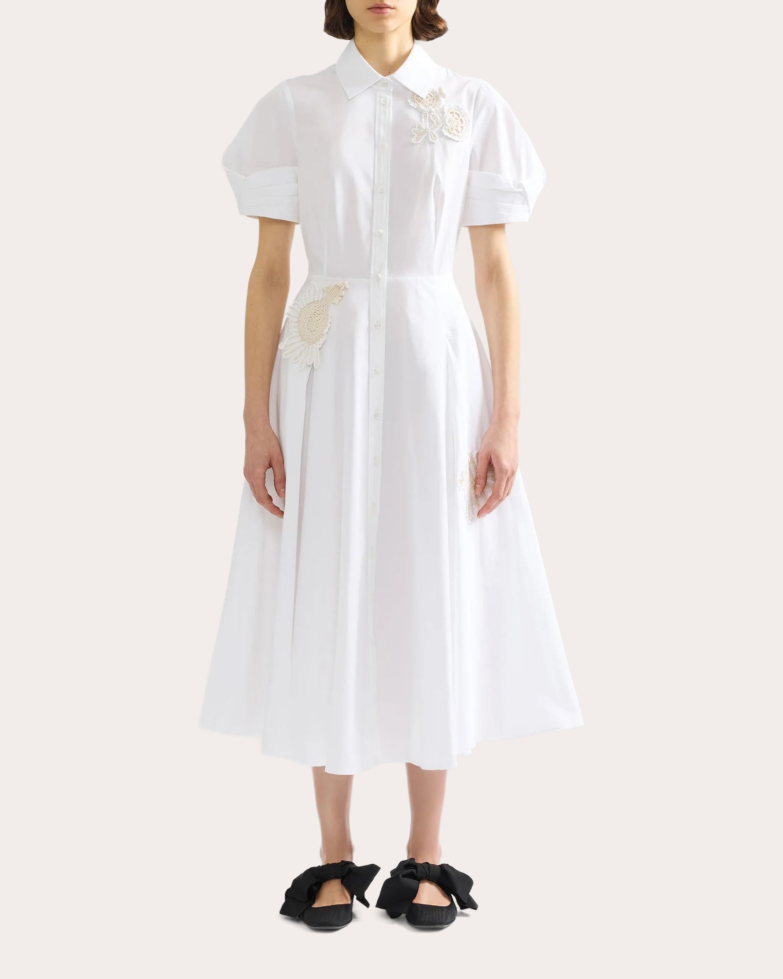 Floral Appliqué Cotton Midi Shirt Dress