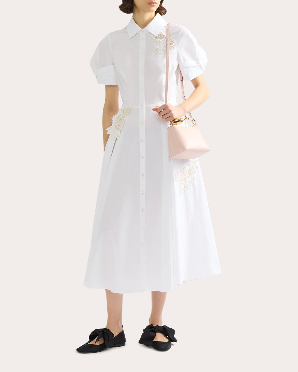 Floral Appliqué Cotton Midi Shirt Dress