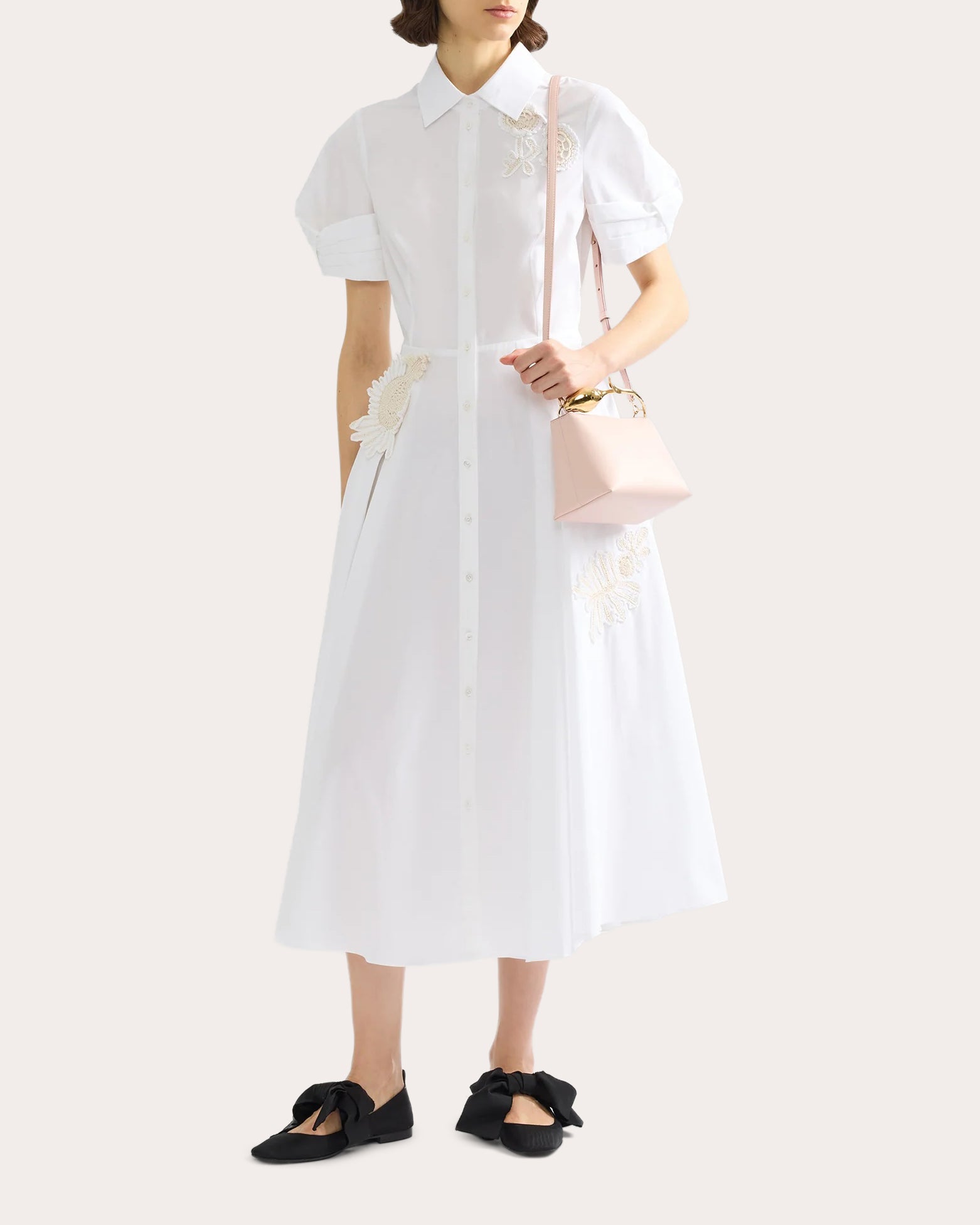 Floral Appliqué Cotton Midi Shirt Dress