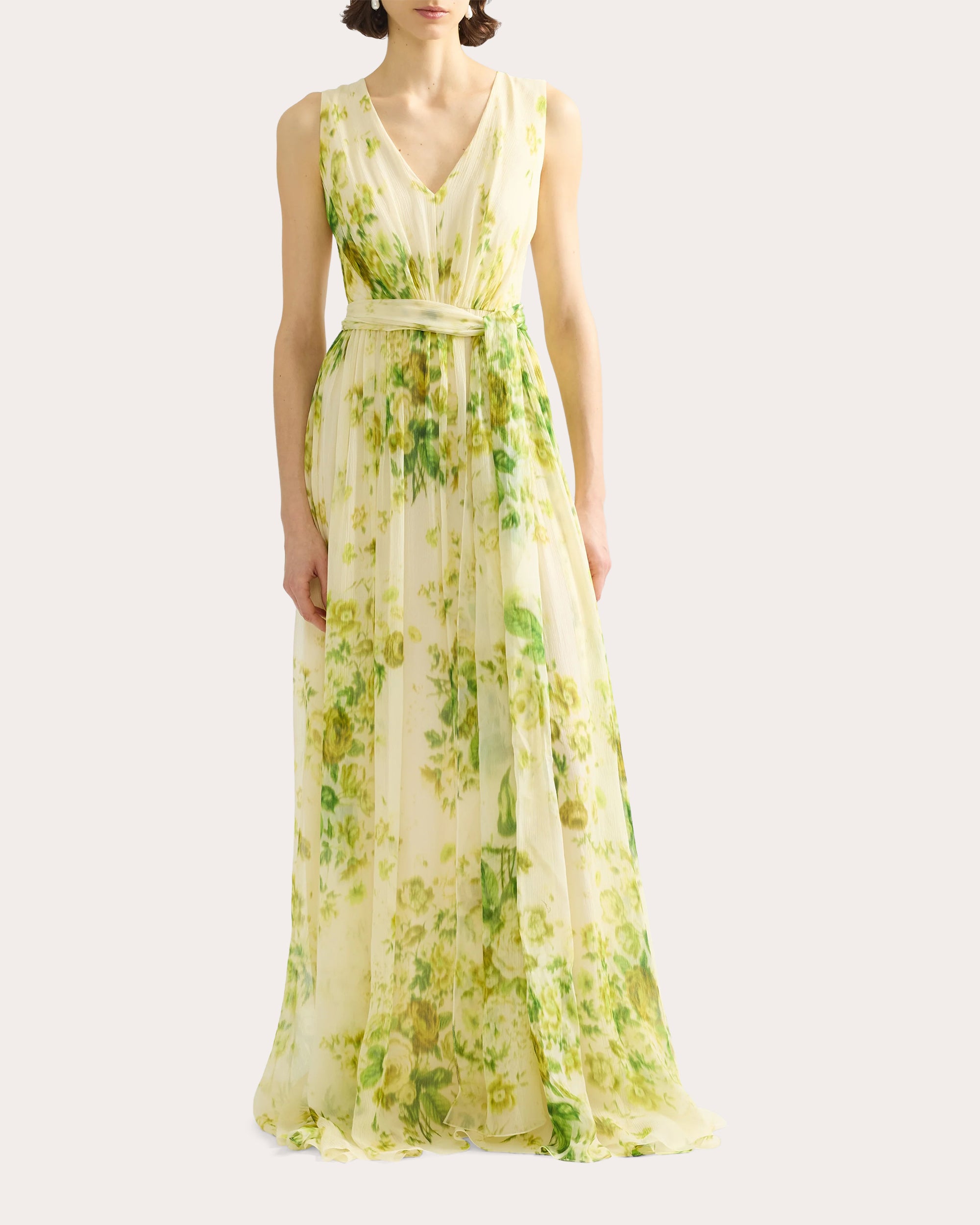 Floral Silk Creponne Pleated Sleeveless Gown