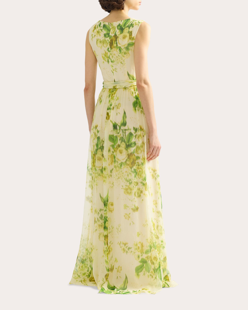 Floral Silk Creponne Pleated Sleeveless Gown