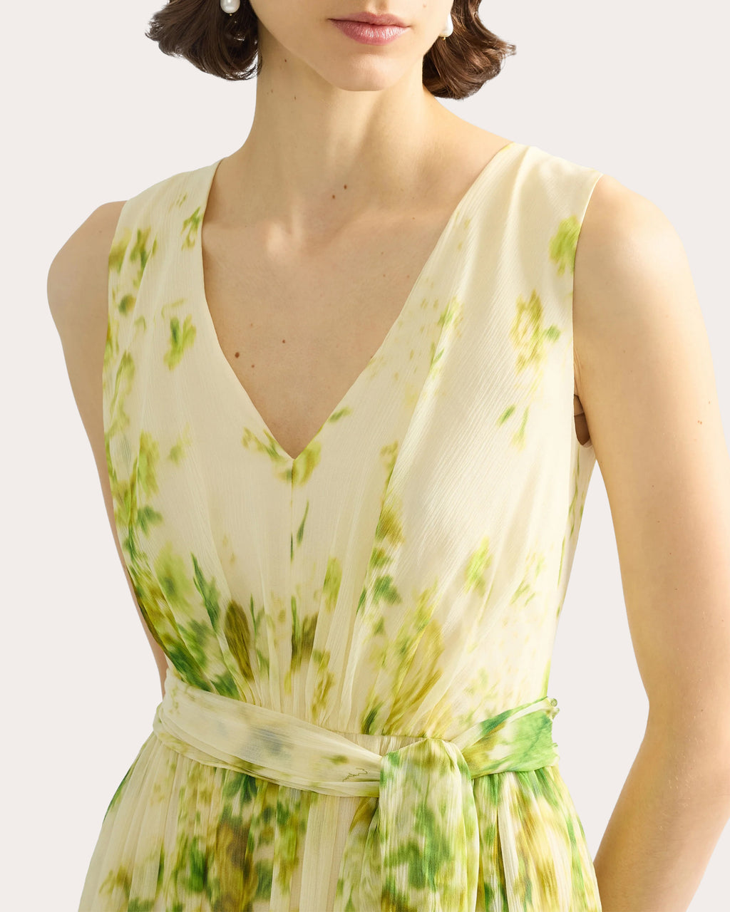 Floral Silk Creponne Pleated Sleeveless Gown