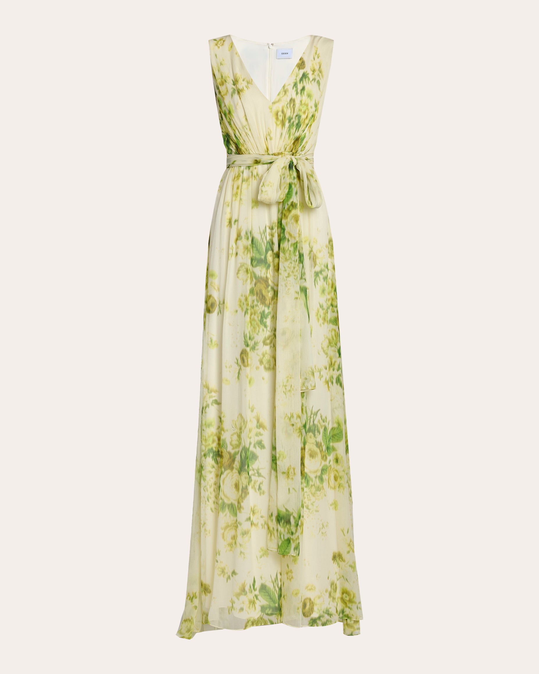 Floral Silk Creponne Pleated Sleeveless Gown