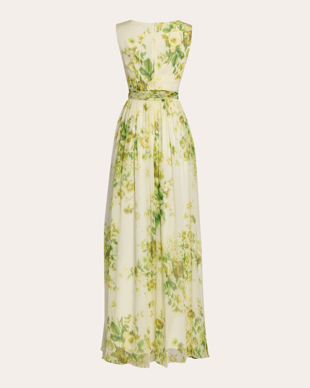 Floral Silk Creponne Pleated Sleeveless Gown